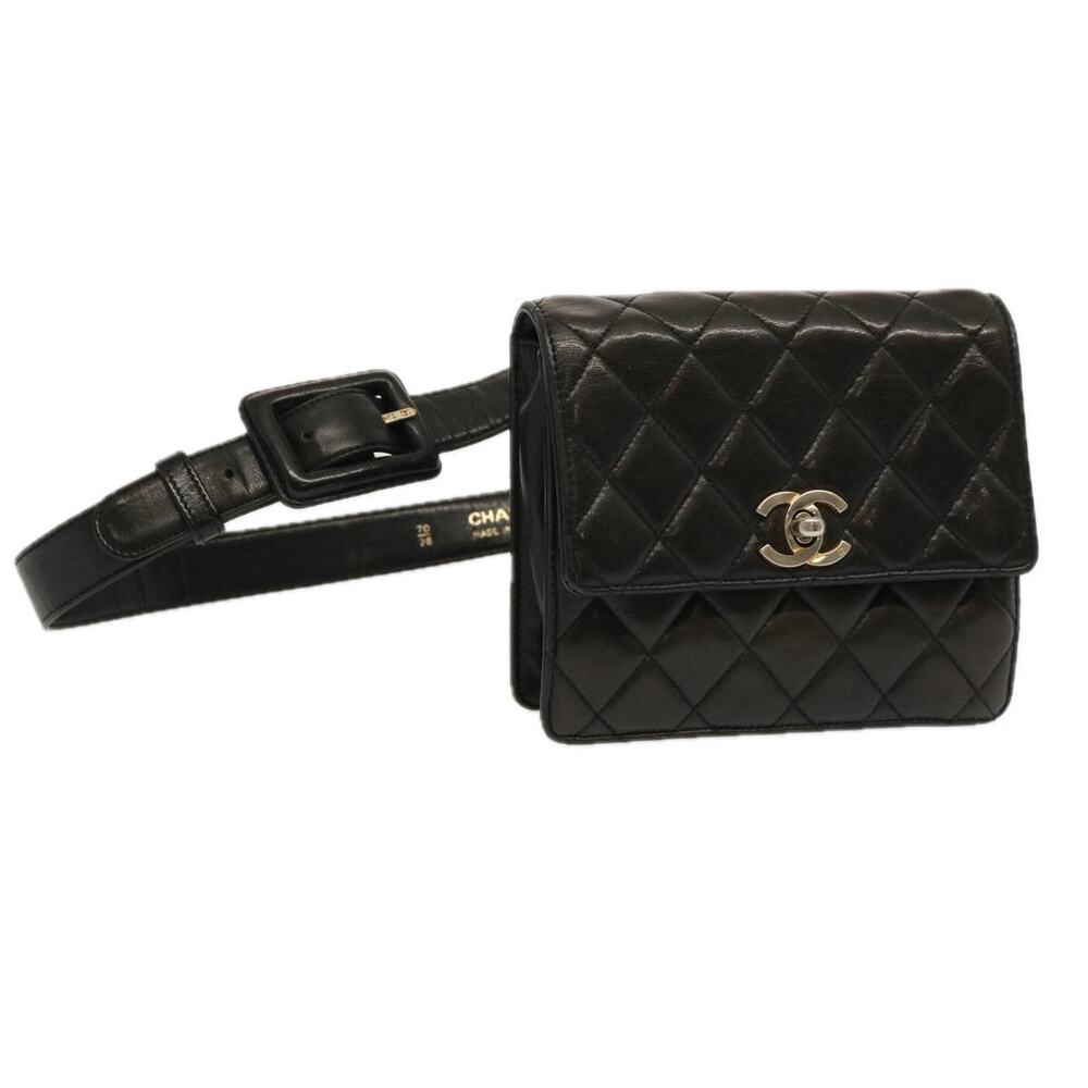CHANEL Matelasse Turn Lock Waist Bag Lamb Skin Black CC